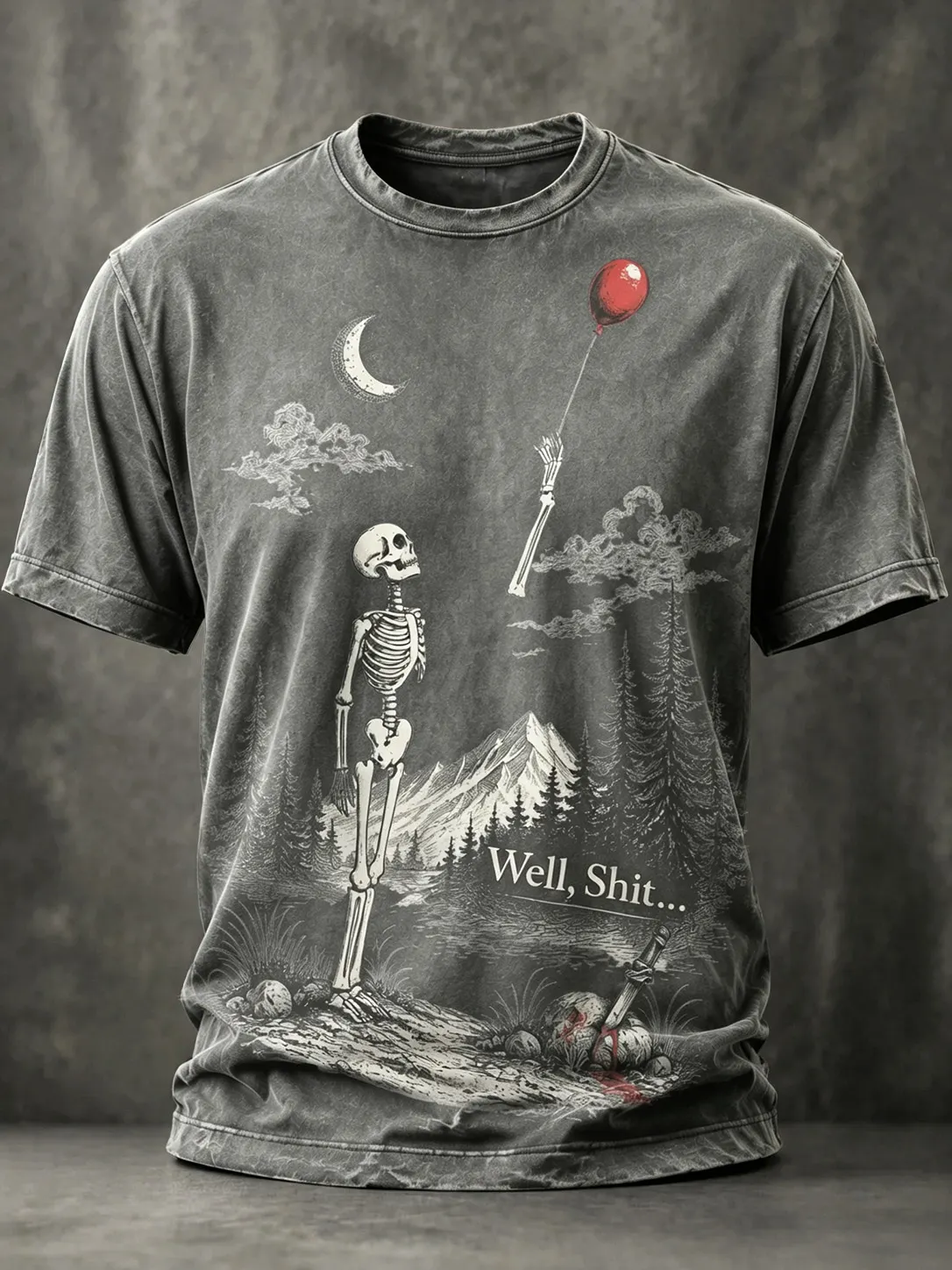 Men's Vintage Funny Skeleton Red Balloon Graphic Print Casual T-shirt