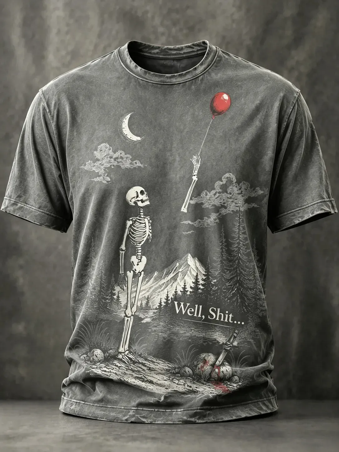 Men's Vintage Funny Skeleton Red Balloon Graphic Print Casual T-shirt