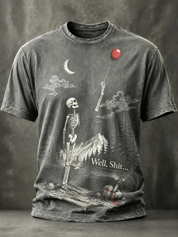Men's Vintage Funny Skeleton Red Balloon Graphic Print Casual T-shirt