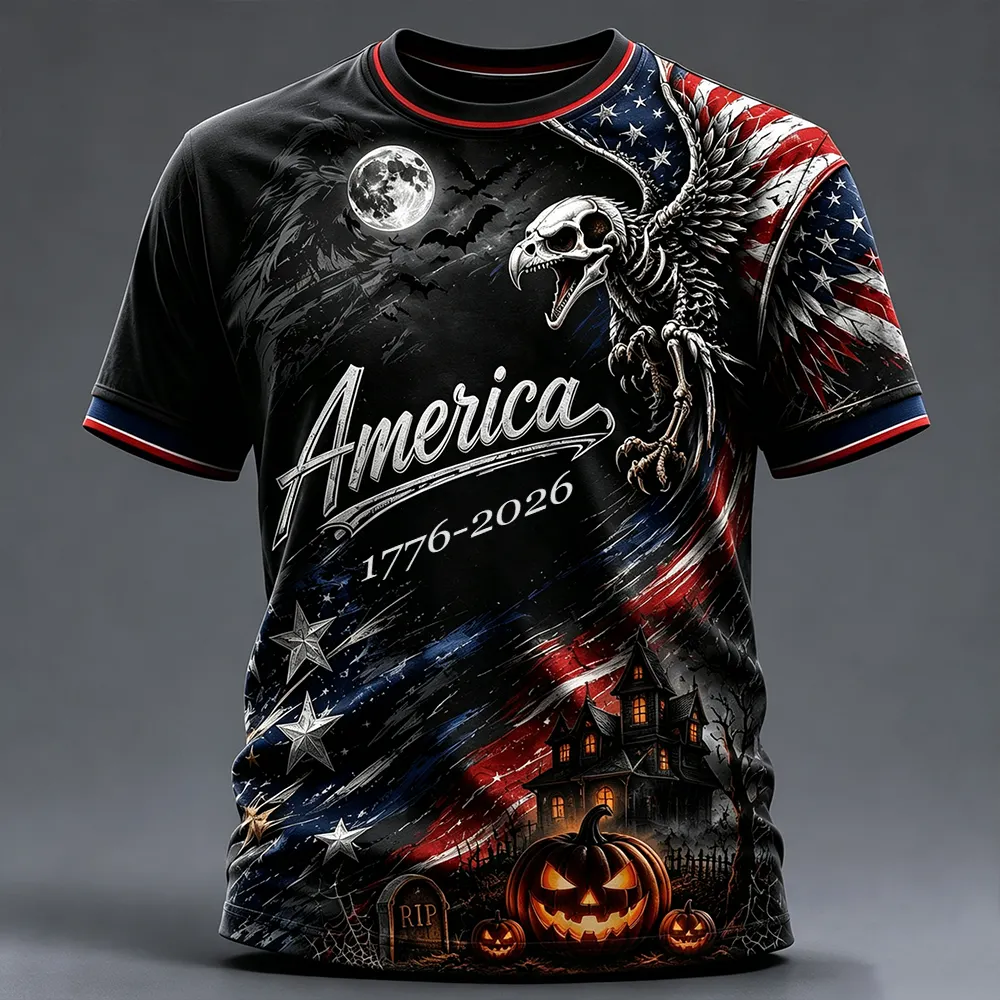 Men's Patriotic Skeleton Eagle And Flag Short Sleeve T-shirt