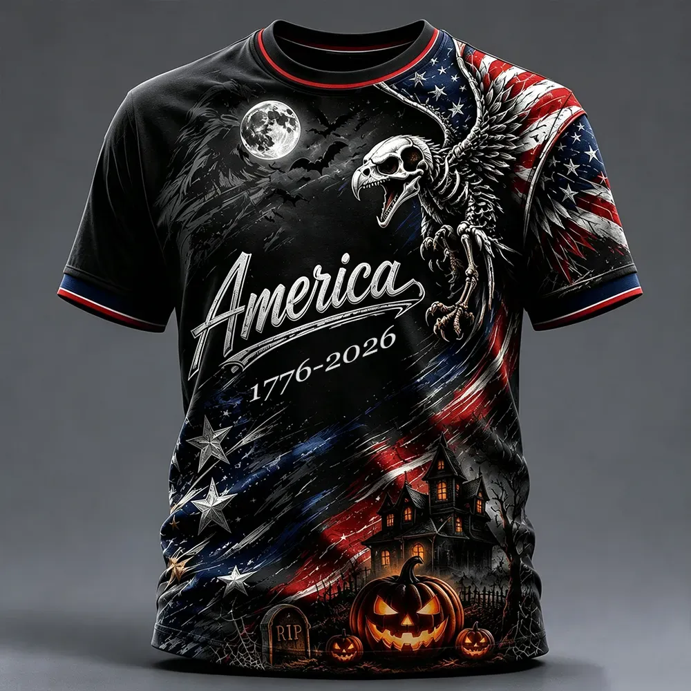 Men's Patriotic Skeleton Eagle And Flag Short Sleeve T-shirt