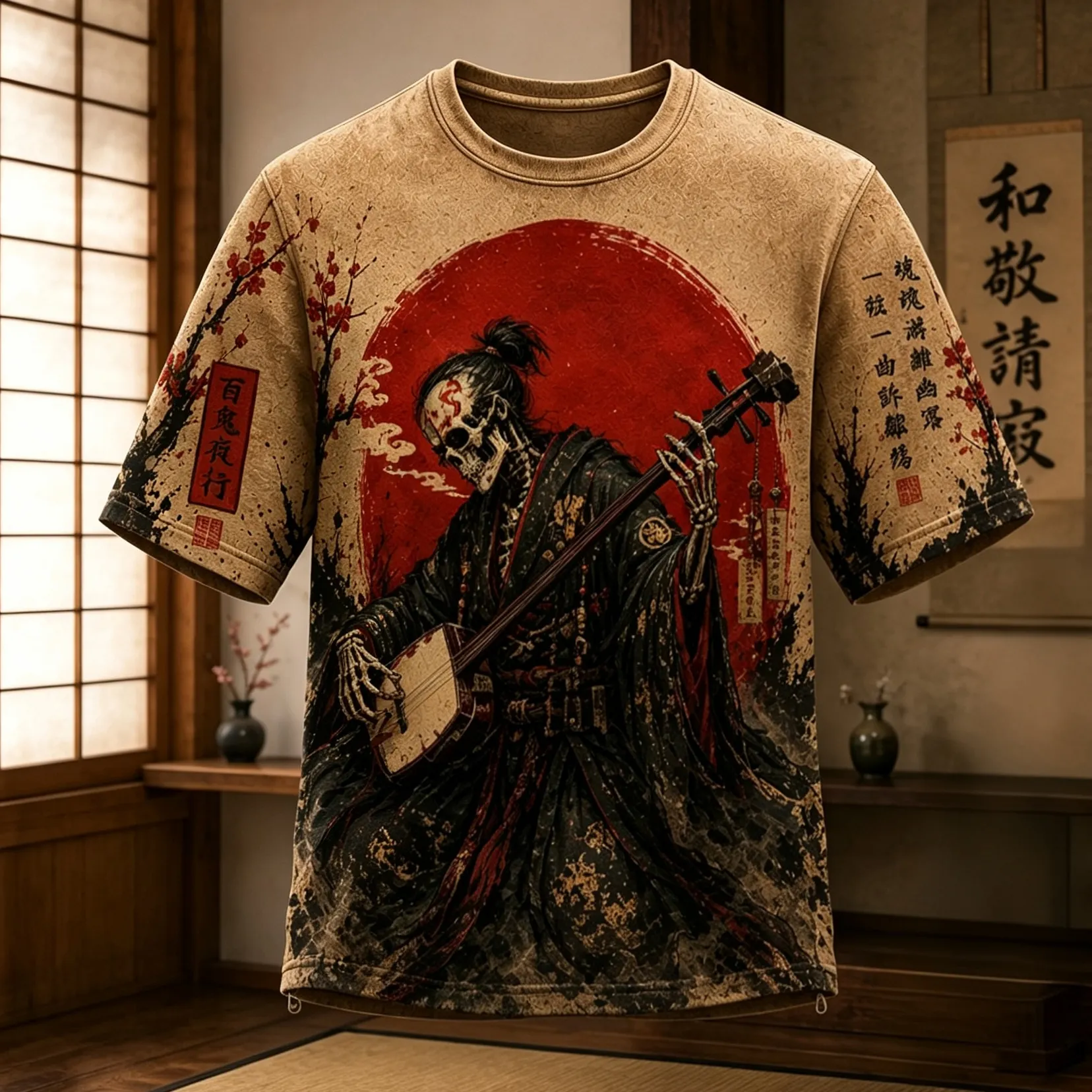Men's Ghost Shamisen Player Traditional Japanese Ukiyo‐e Art Graphic Print Casual T-shirt