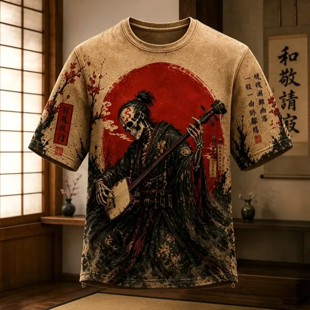 Men's Ghost Shamisen Player Traditional Japanese Ukiyo‐e Art Graphic Print Casual T-shirt
