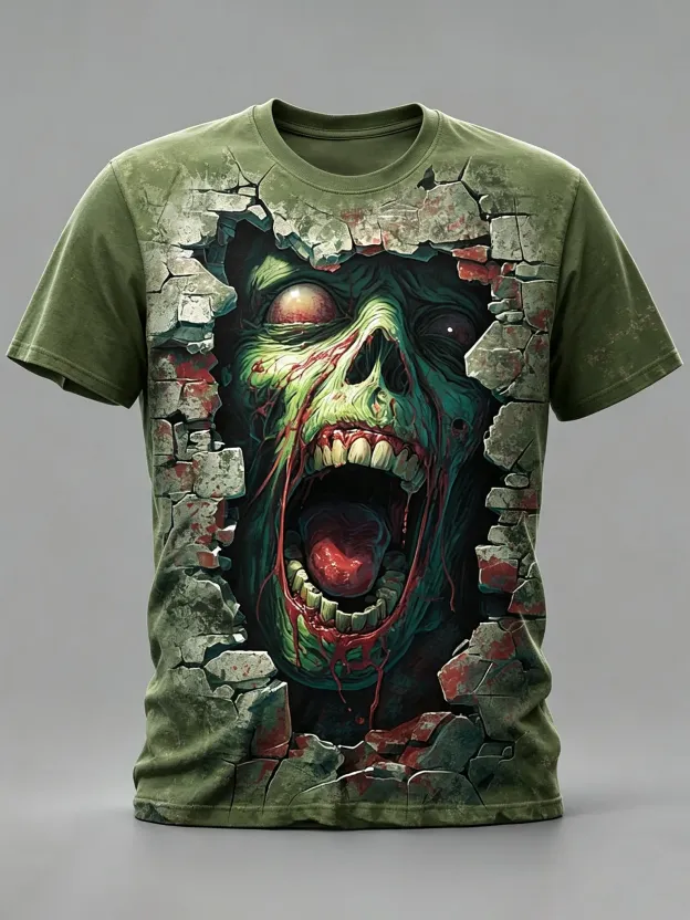 Men's Retro Halloween Scary Skull Pattern Casual T-shirt