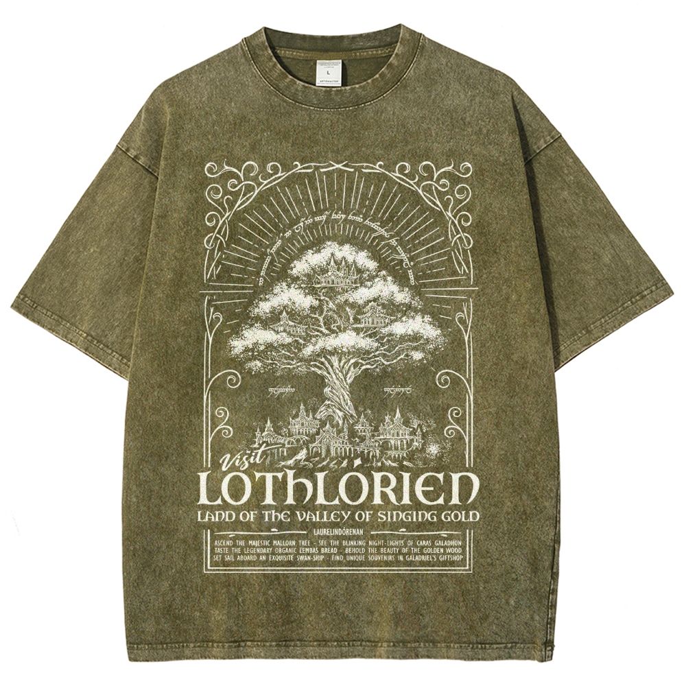 Fantasy Elven City Giant Tree Travel Poster Print Washed T - Shirt