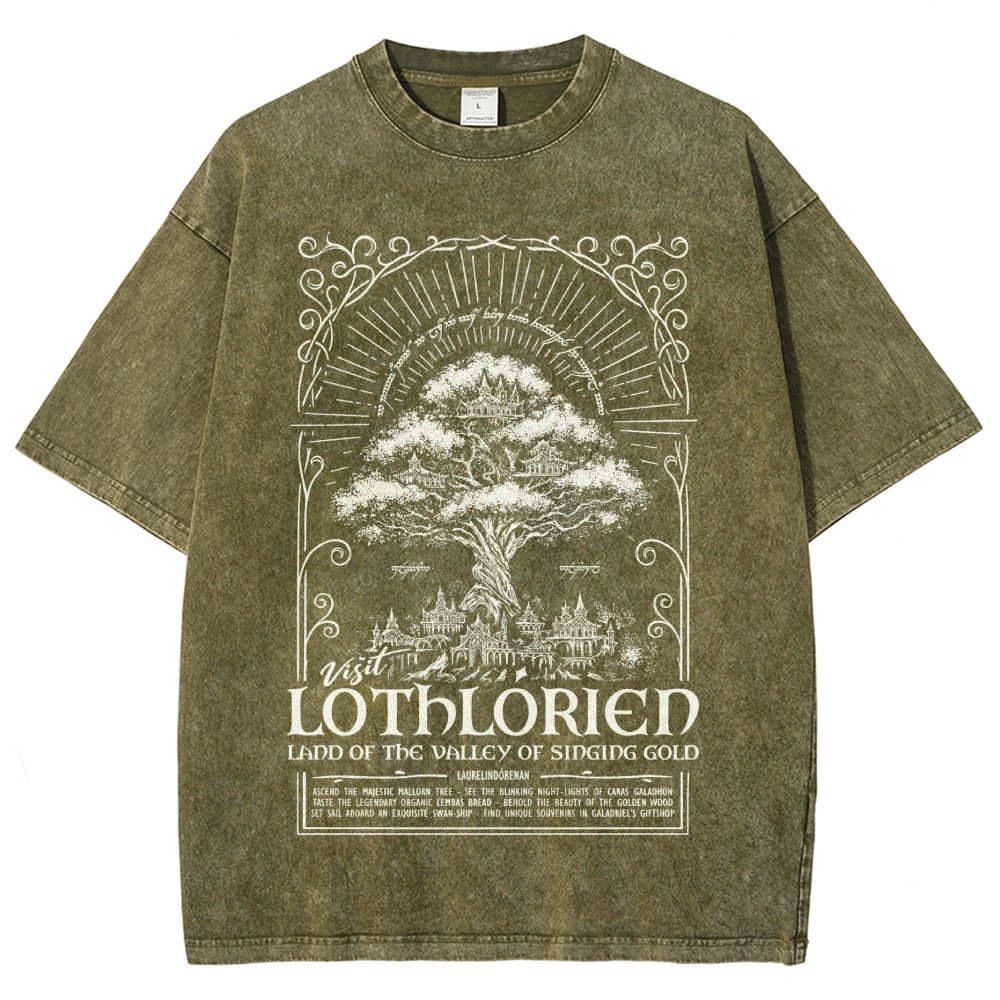 Fantasy Elven City Giant Tree Travel Poster Print Washed T - Shirt