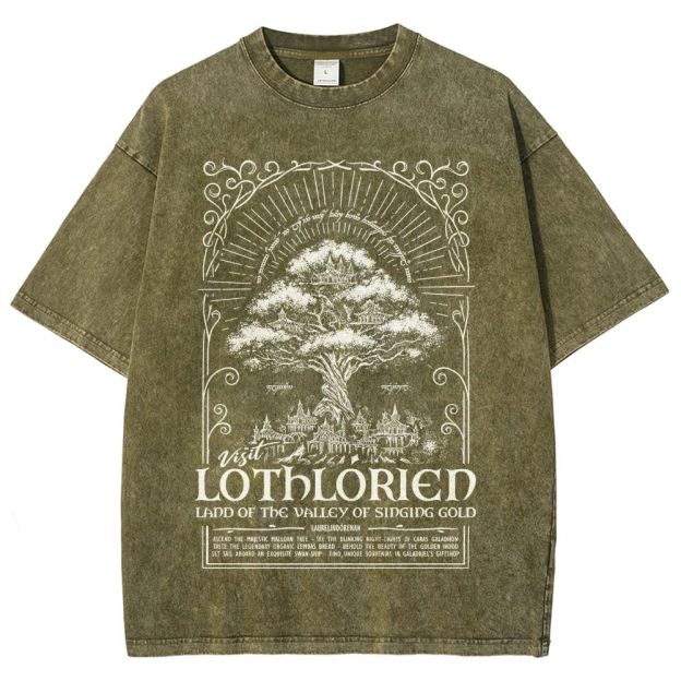 Fantasy Elven City Giant Tree Travel Poster Print Washed T - Shirt