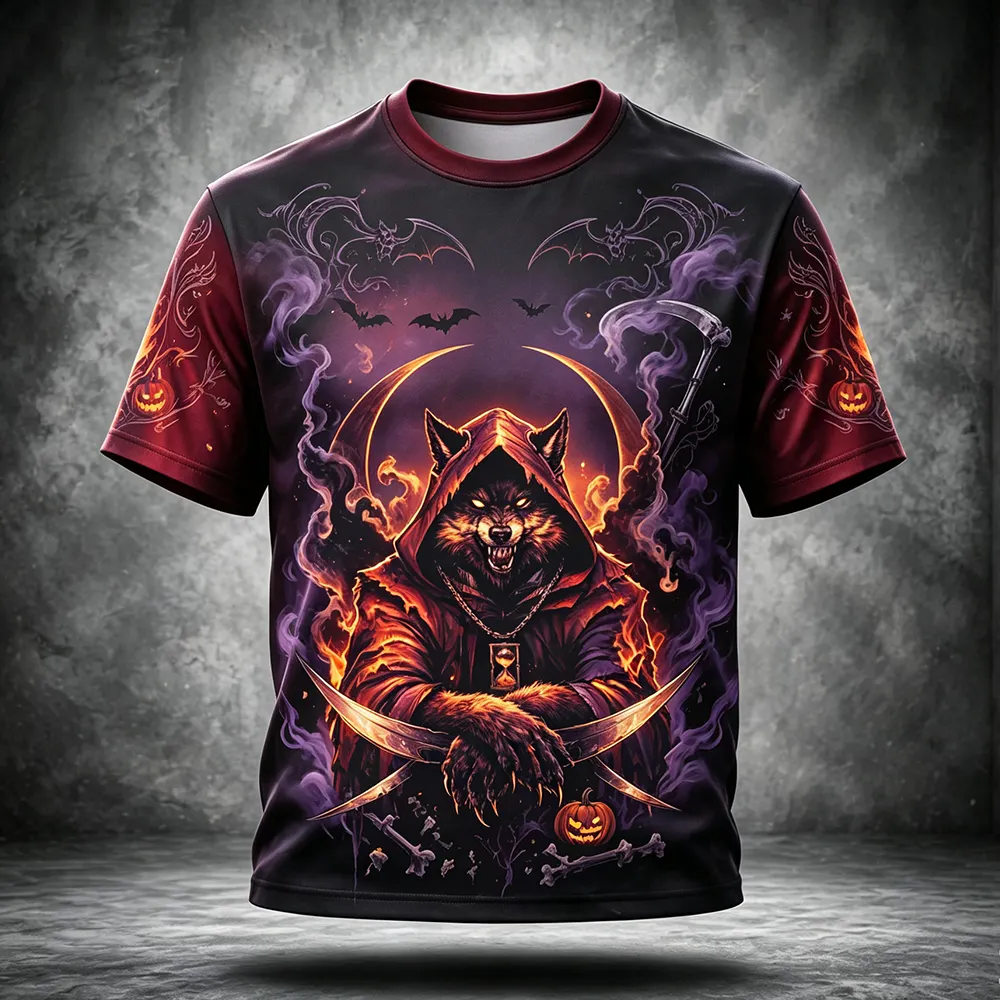 Men's Casual Short Sleeve T-shirt Featuring Hooded Werewolf Scythe And Jack-o'-lantern Graphic