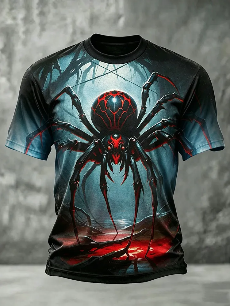 Men's Halloween Retro Spider Forest Print Dark Crew Neck Short Sleeve T-shirt
