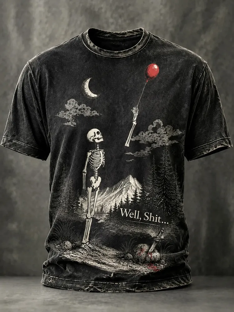 Men's Vintage Funny Skeleton Red Balloon Graphic Print Casual T-shirt
