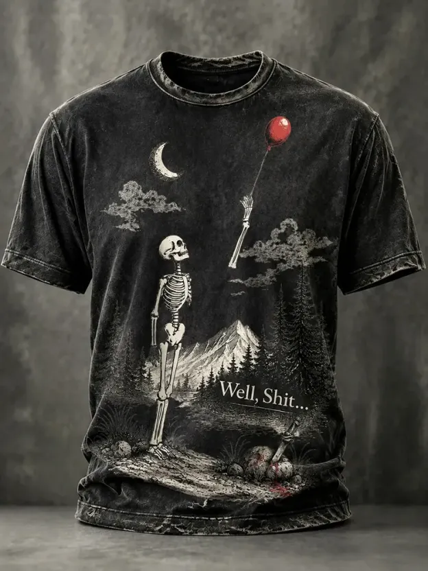 Men's Vintage Funny Skeleton Red Balloon Graphic Print Casual T-shirt