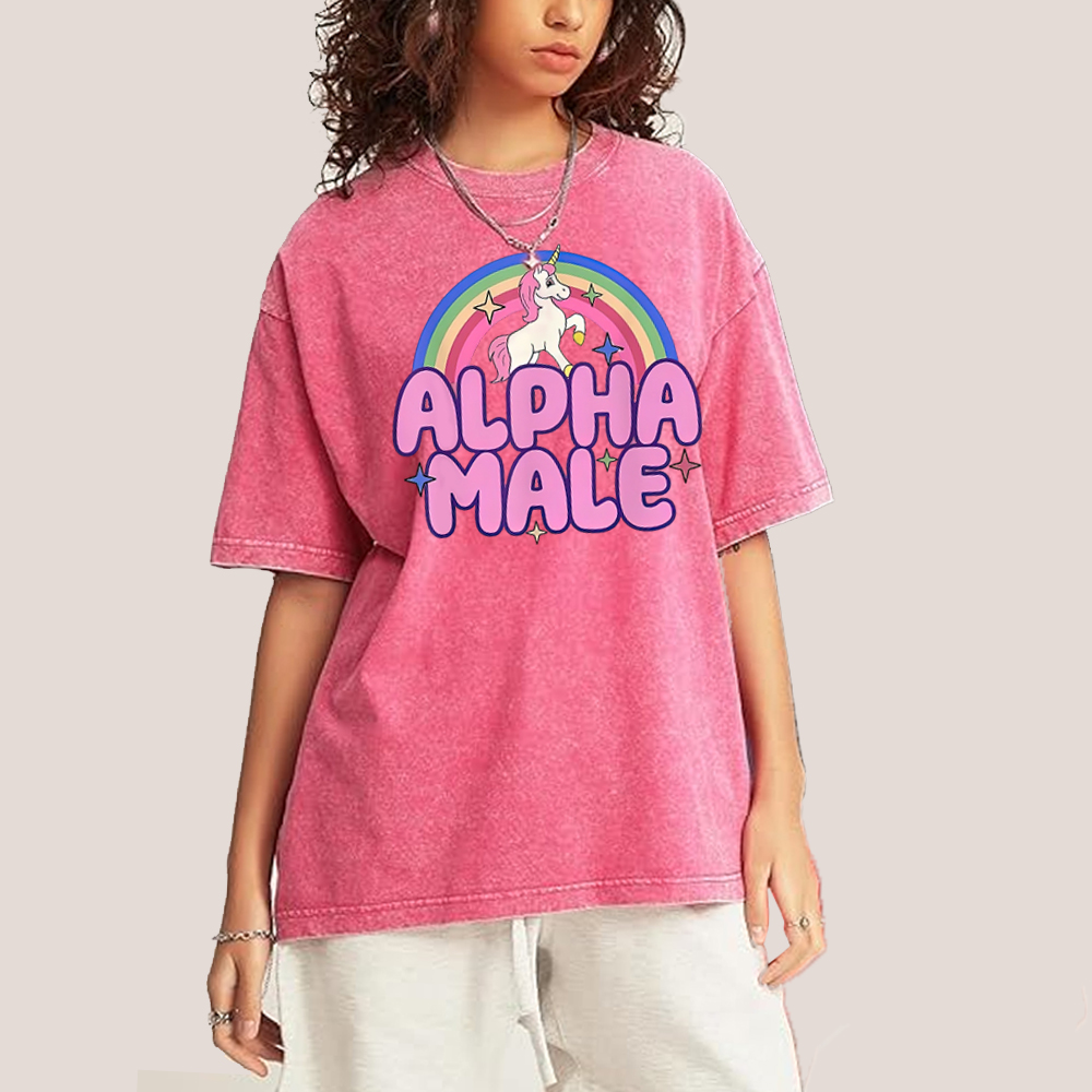Rainbow Unicorn Alpha  Y2K  Washed T-Shirt 
