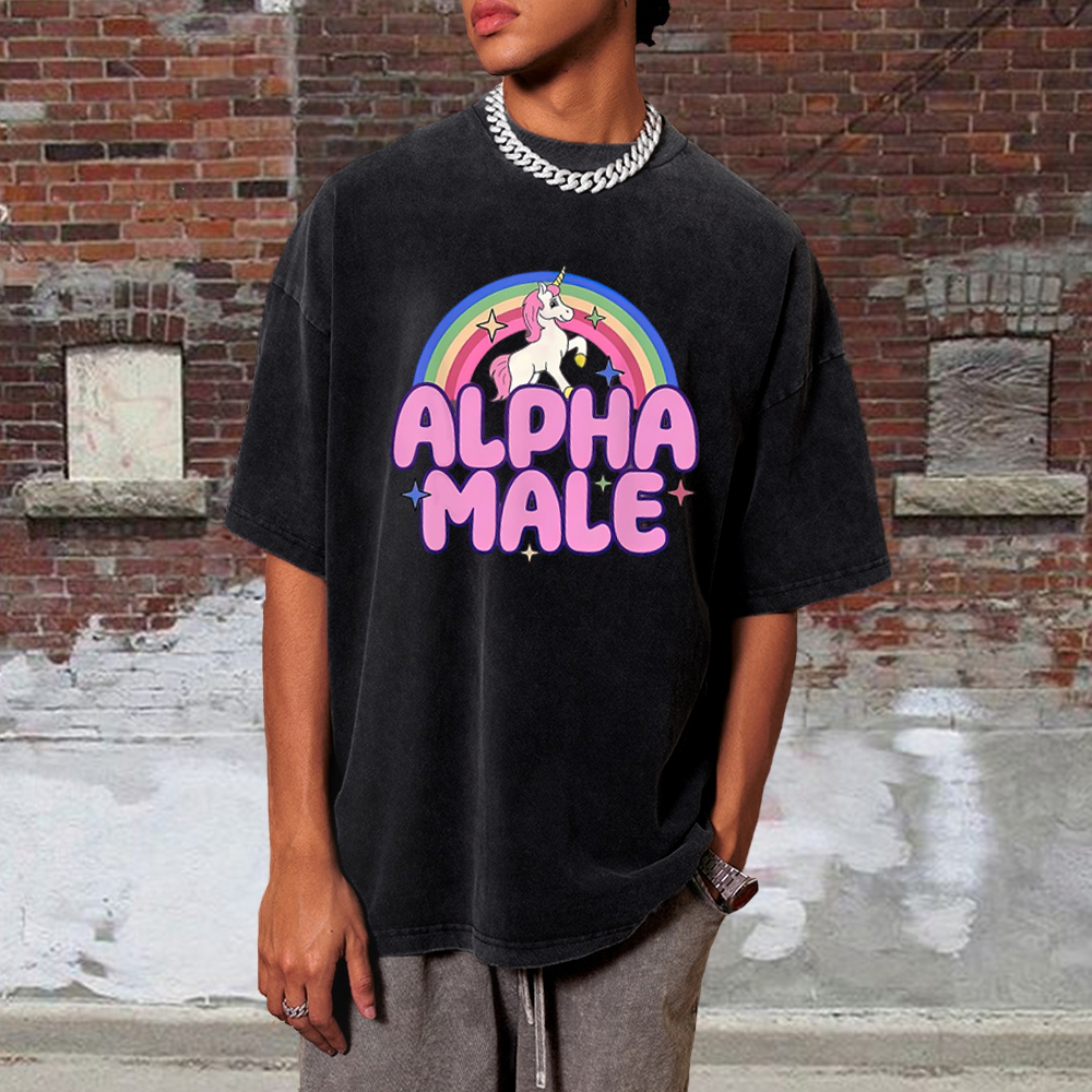 Rainbow Unicorn Alpha  Y2K  Washed T-Shirt 