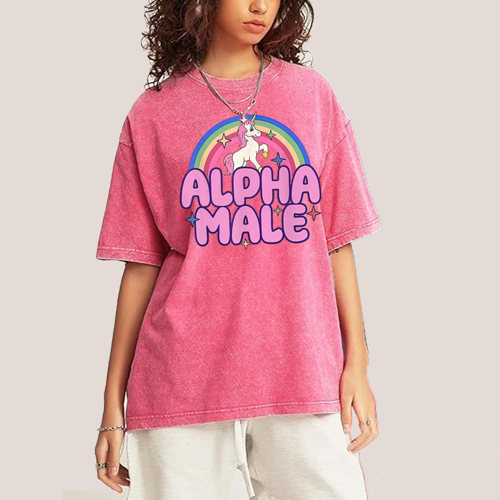 Rainbow Unicorn Alpha  Y2K  Washed T-Shirt 