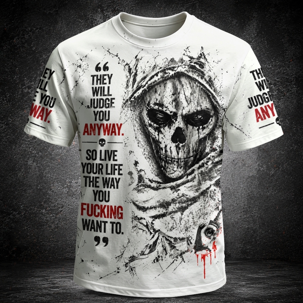 Men's Vintage Distressed Street Style Death Skull Pattern Inspirational Quotes Casual Short-sleeve T-shirt