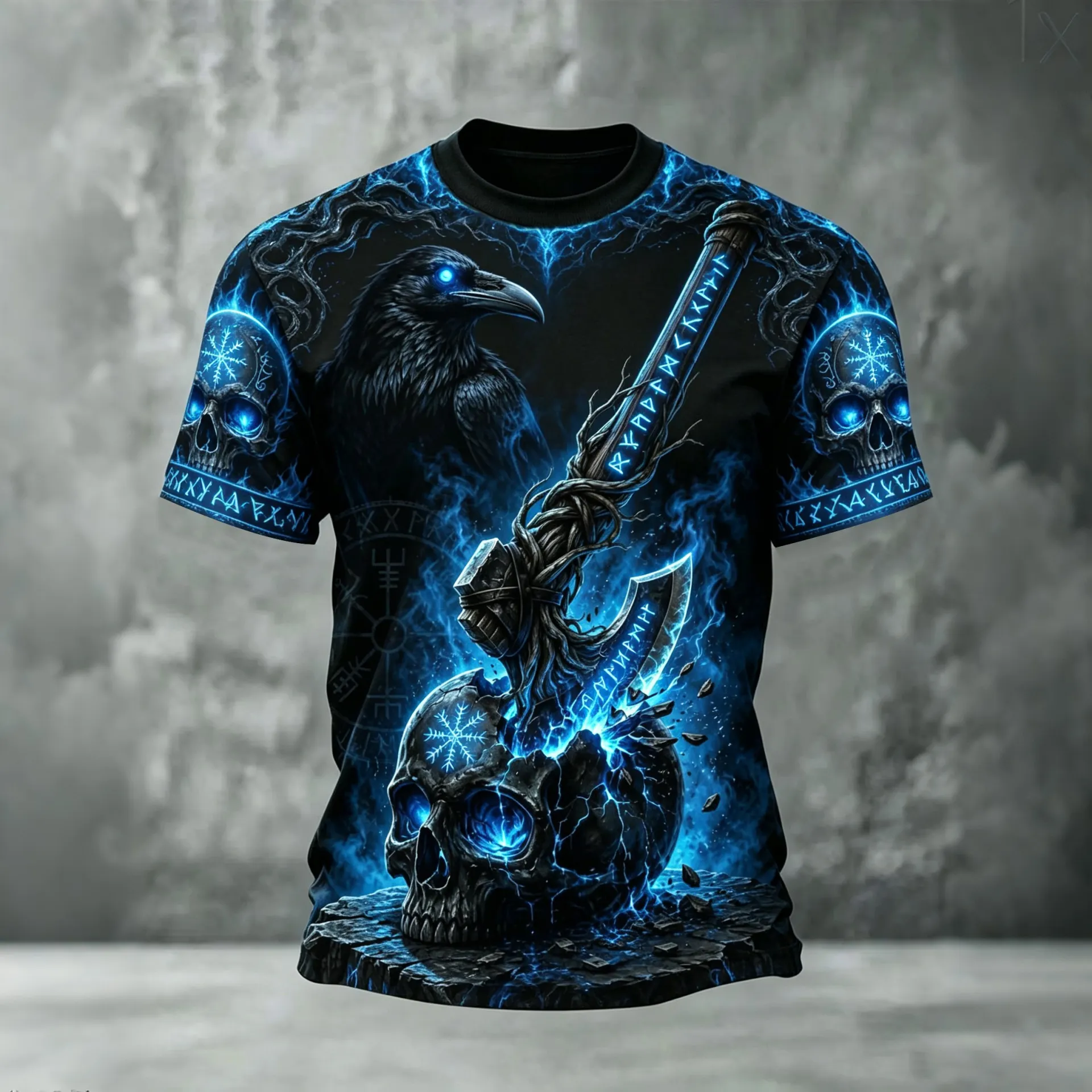 Men's Halloween Viking Axe Skull Raven Print Crew Neck Short Sleeve T-shirt