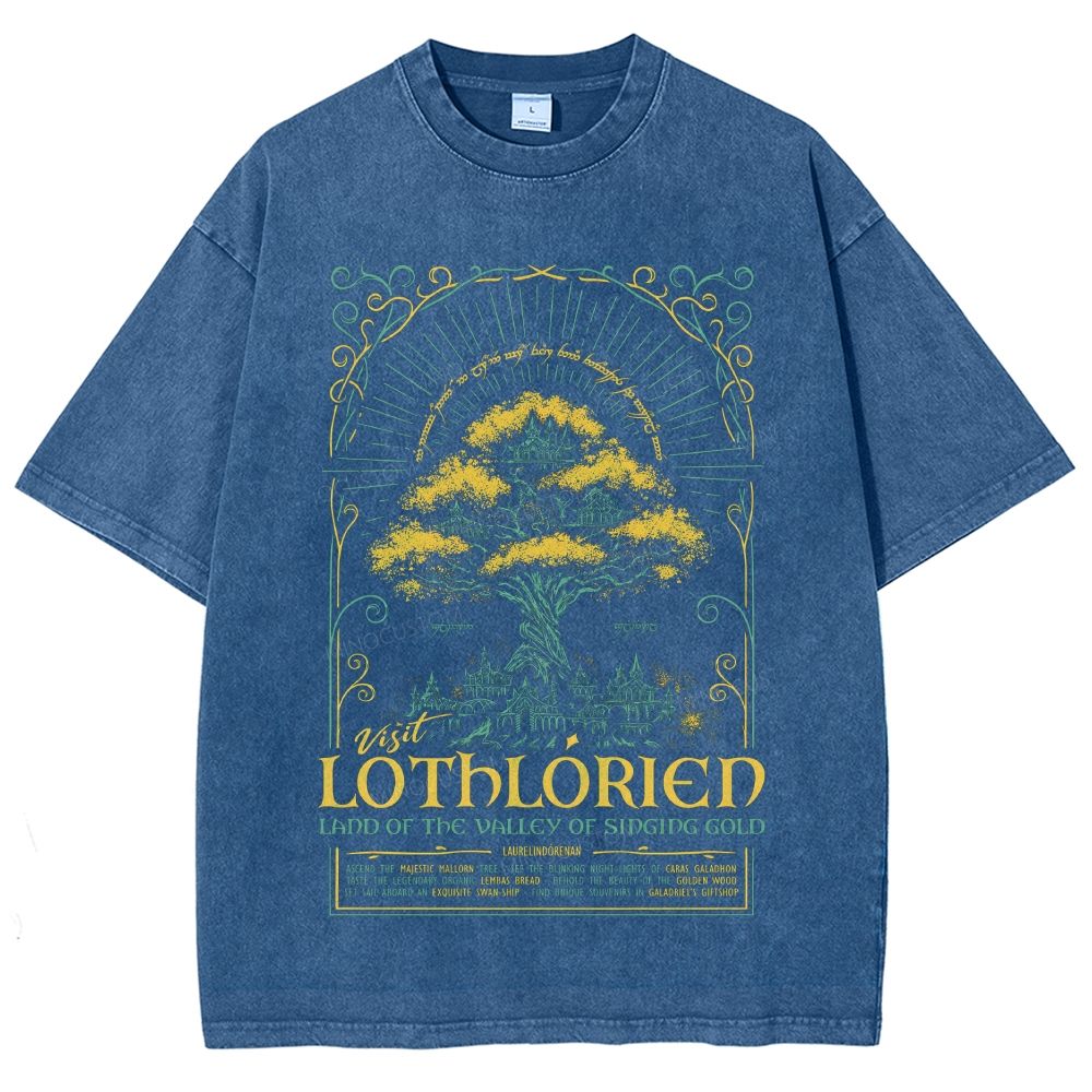 Fantasy Elven City Giant Tree Travel Poster Print Washed T - Shirt