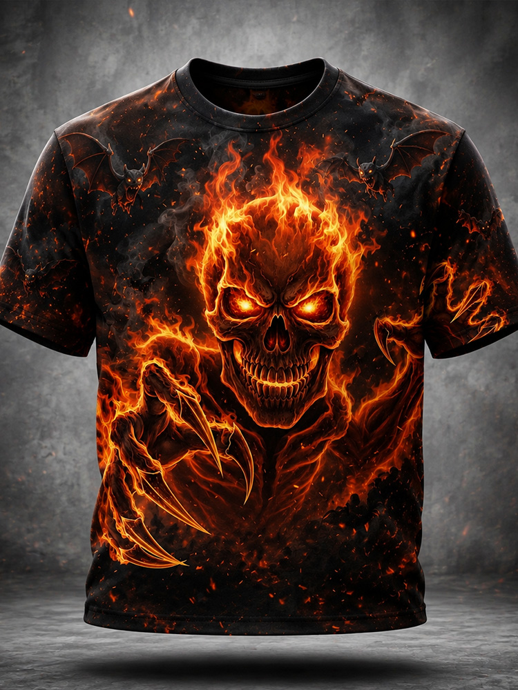 Men's Halloween Vintage Fire-breathing Skull Print Dark Crew Neck Short Sleeve T-shirt