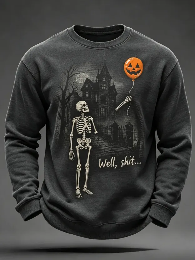 Men's Halloween Well Shit Skeleton Print Casual Sweatshirt