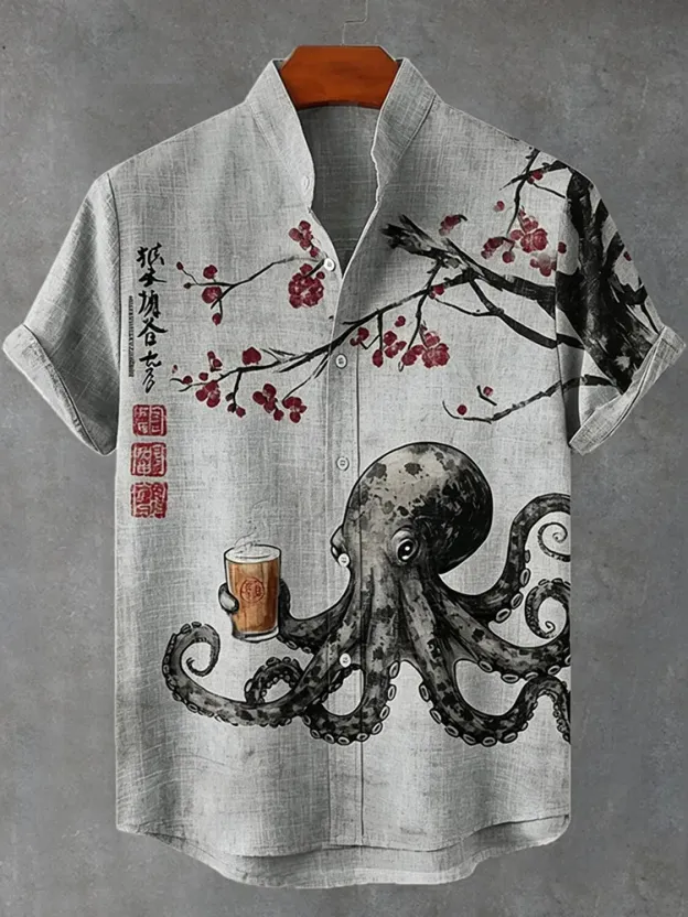 Men's Octopus Drinking Tea Under The Cherry Tree Art Print Casual Shirt