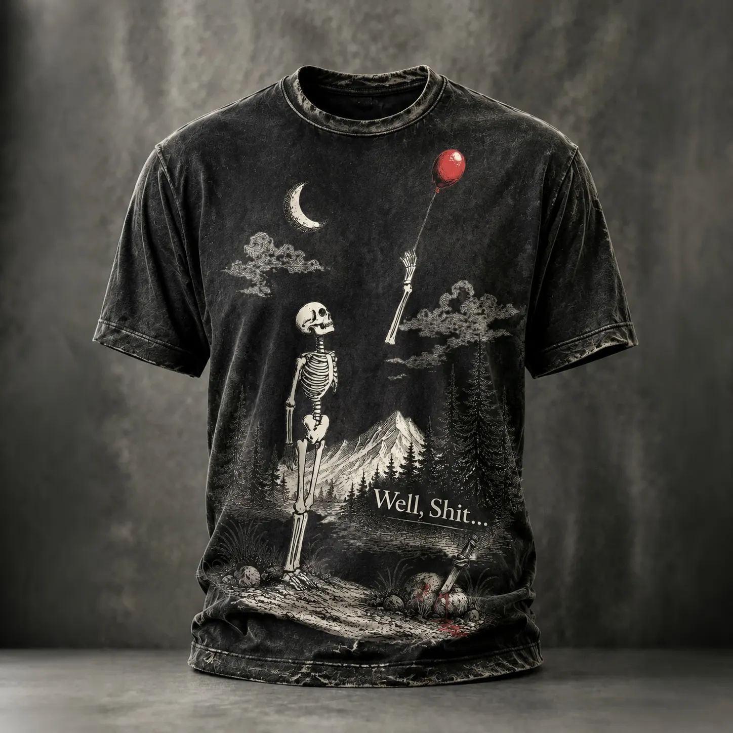 Men's Vintage Funny Skeleton Red Balloon Graphic Print Casual T-shirt