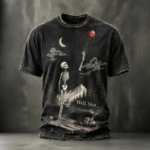 Men's Vintage Funny Skeleton Red Balloon Graphic Print Casual T-shirt