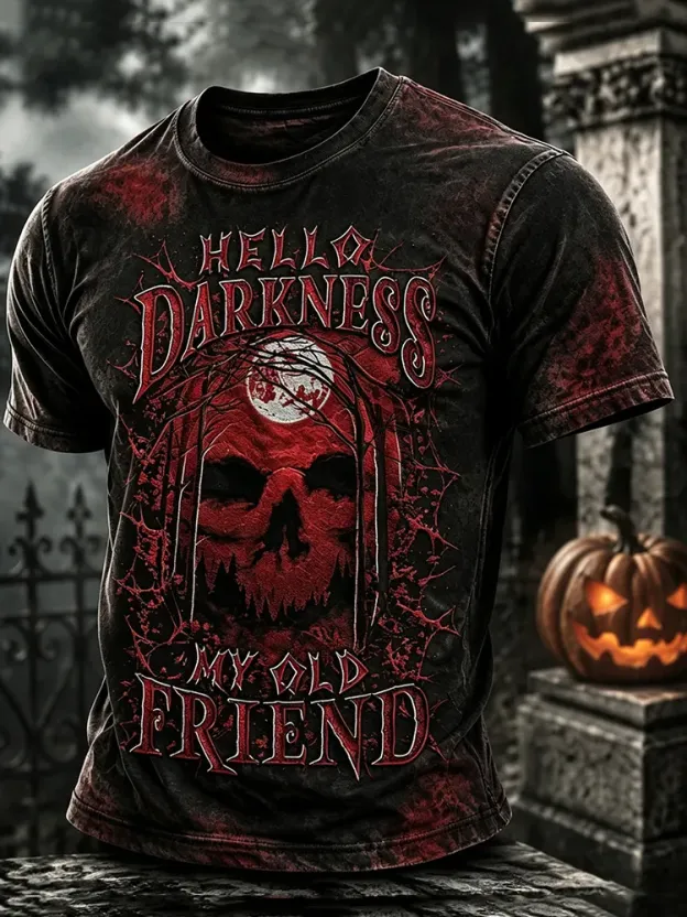 Men's Retro Halloween Theme "hello Darkness My Old Friend" Printed T-shirt