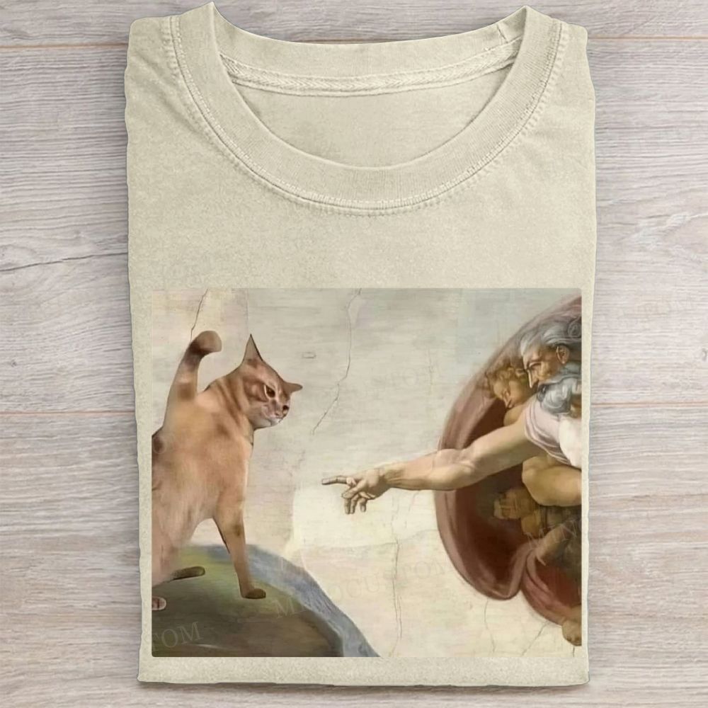 Funny cat print washed T-shirt