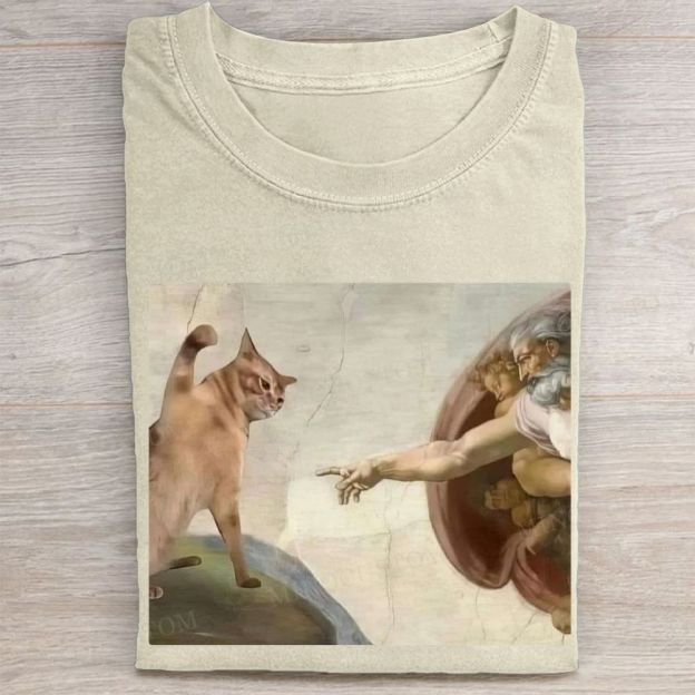 Funny cat print washed T-shirt
