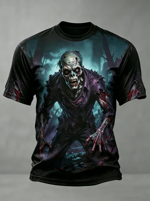 Halloween Retro Casual Zombie Skull Print Dark Crew Neck Short Sleeve T-shirt