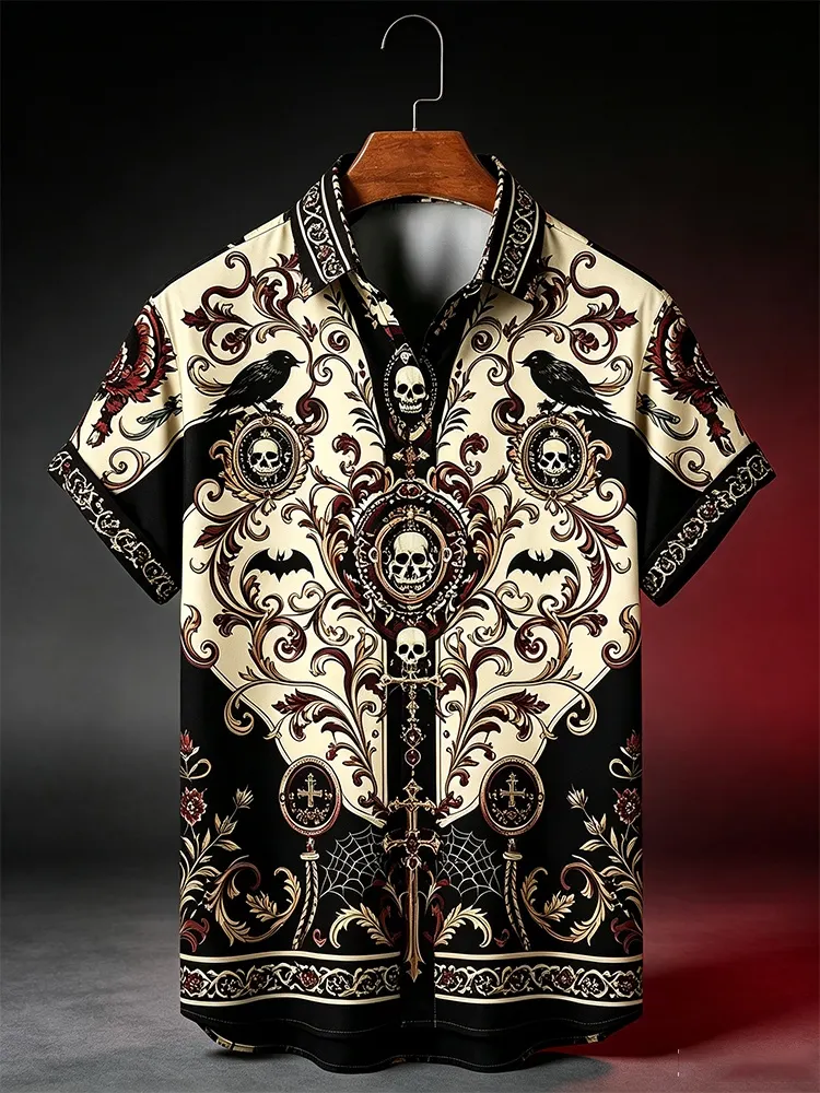 Men's Gothic Halloween Symmetrical Skull And Cross Combo Short-sleeve Shirt
