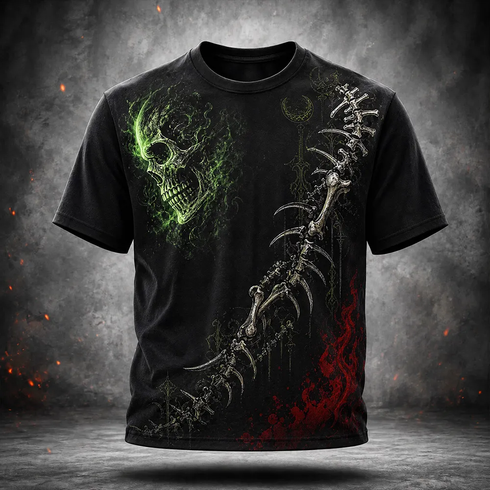 Men's Gothic Graphic T-shirt - Green Fiery Skull And Spine Bones Print Casual Tee