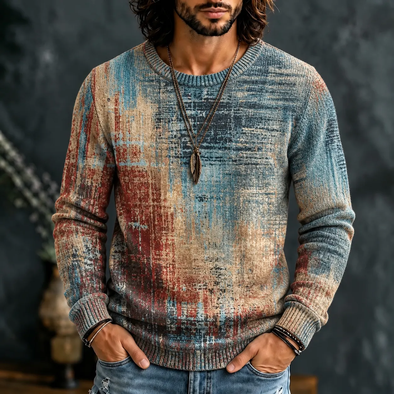 Men's Retro Retro Geometry Ethnic Pattern Art Crew Neck Sweater