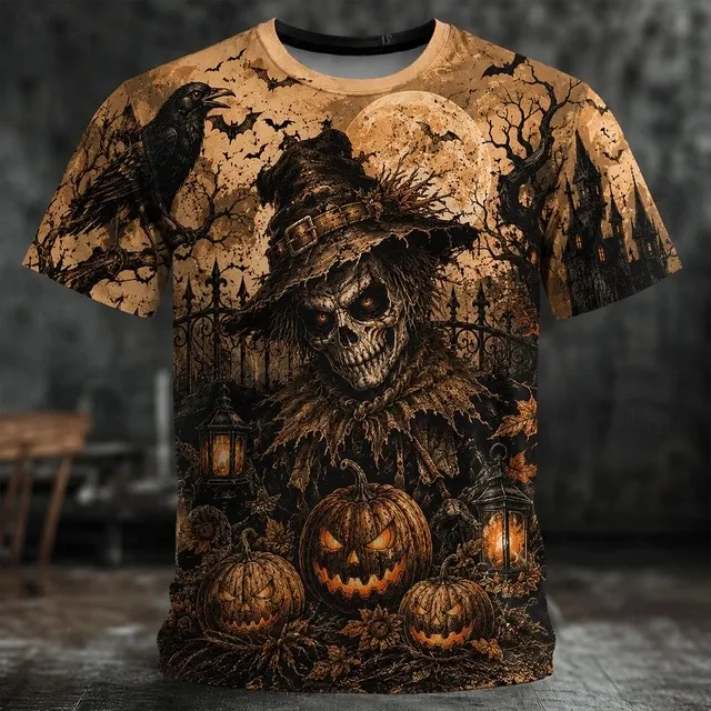 Men's Halloween Scarecrow Skull Pumpkin Crow Print Crew Neck T-shirt
