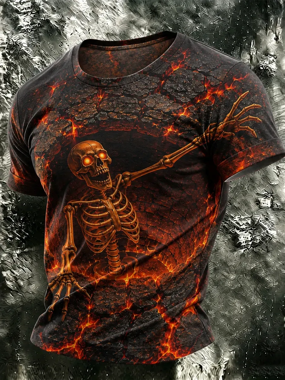 Men's Halloween Skeleton Lava Art Print Short Sleeve T-shirt