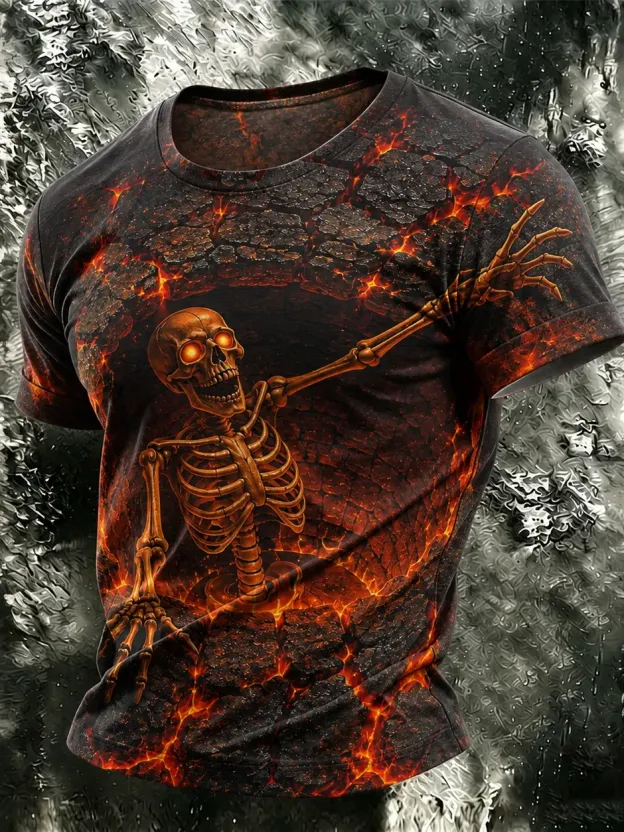 Men's Halloween Skeleton Lava Art Print Short Sleeve T-shirt