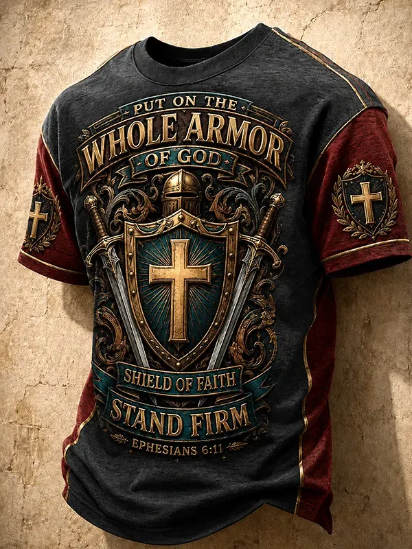 Men's Put On The Full Armor Of God Medieval Knight Armor Shield Of Faith Print Casual T-Shirt