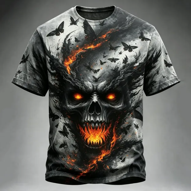 Men's Halloween Hellfire Moth Skull Print Crew Neck Short Sleeve T-shirt