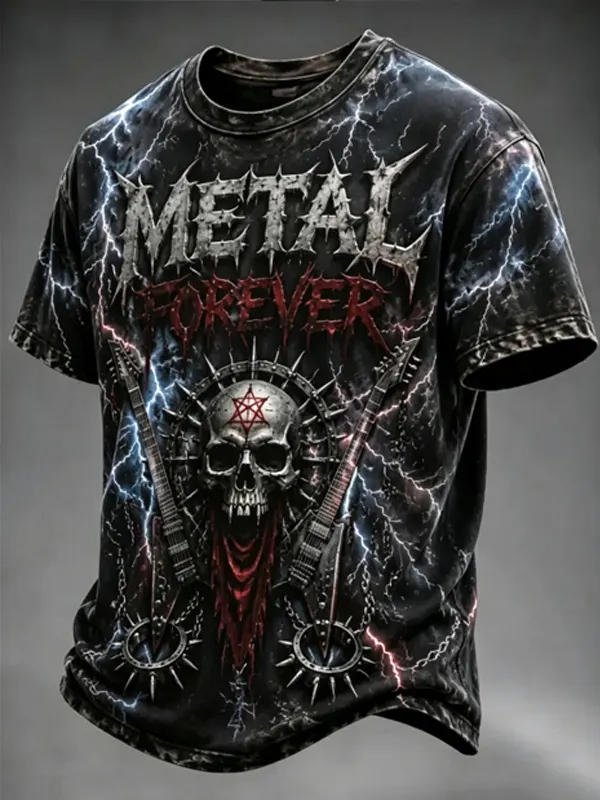 Men's Lightning Skull Metal Forever Print Casual T-Shirt