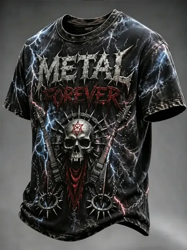 Men's Lightning Skull Metal Forever Print Casual T-Shirt