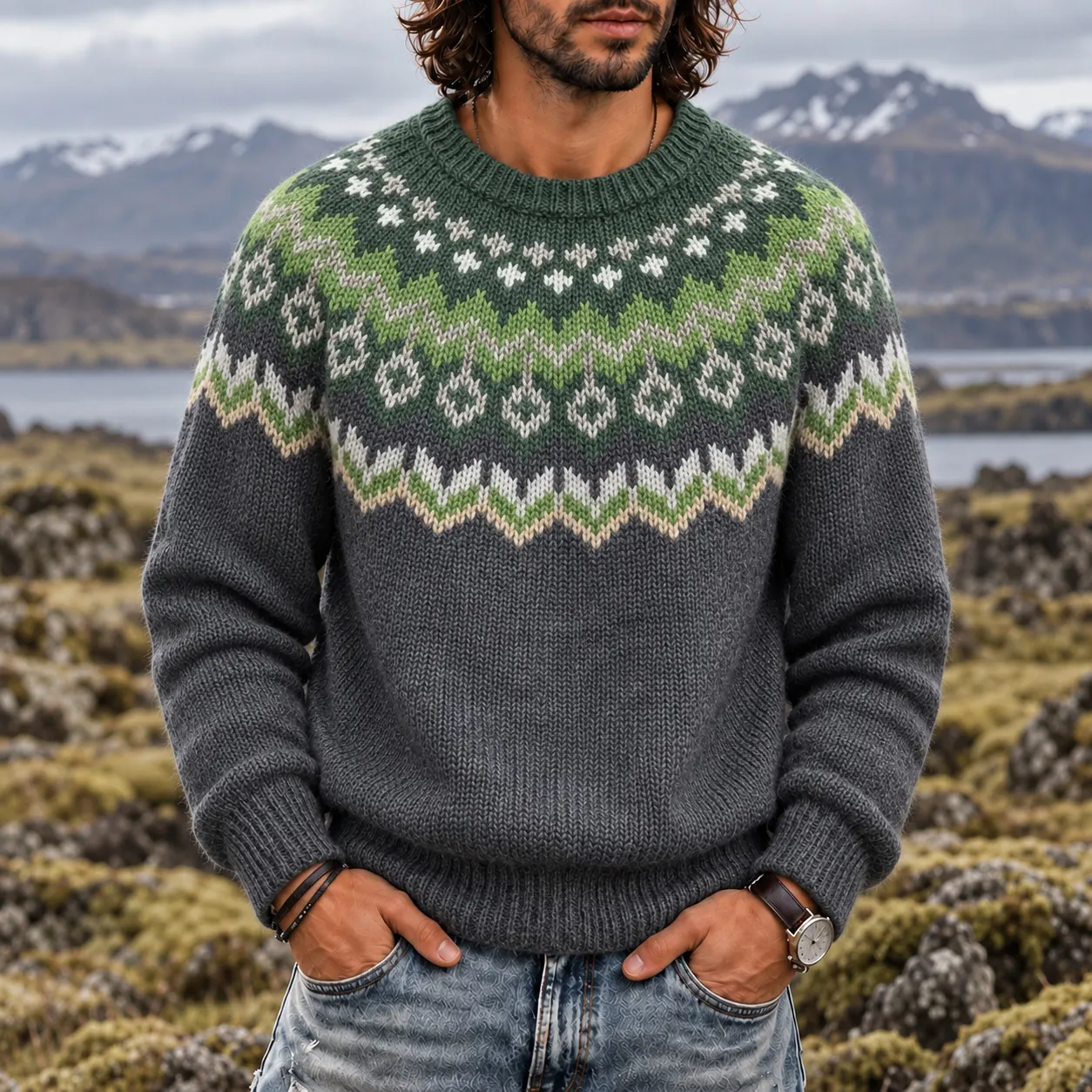 Men's Vintage Fair Isle Jacquard Knitted Cozy Crewneck Sweater