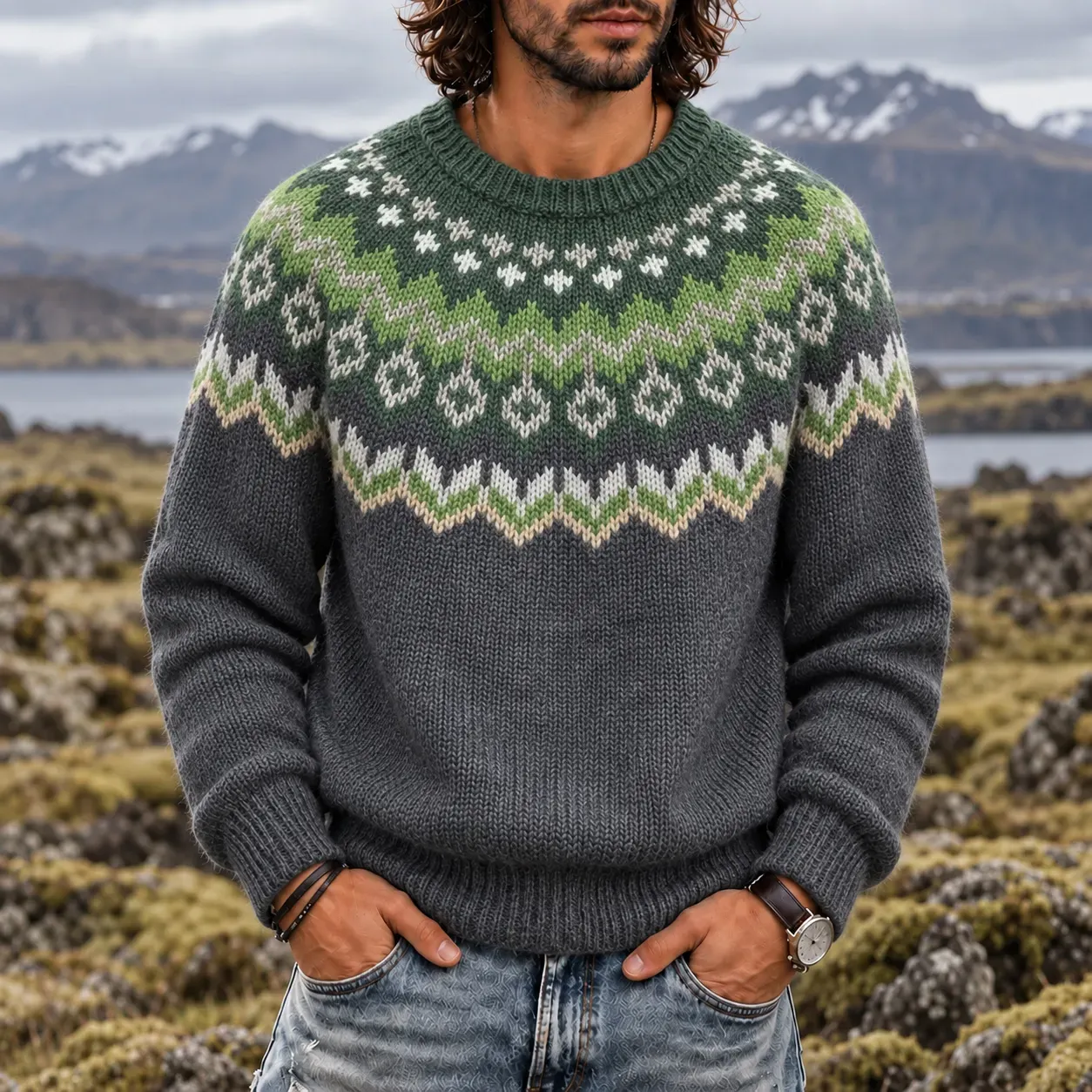 Men's Vintage Fair Isle Jacquard Knitted Cozy Crewneck Sweater