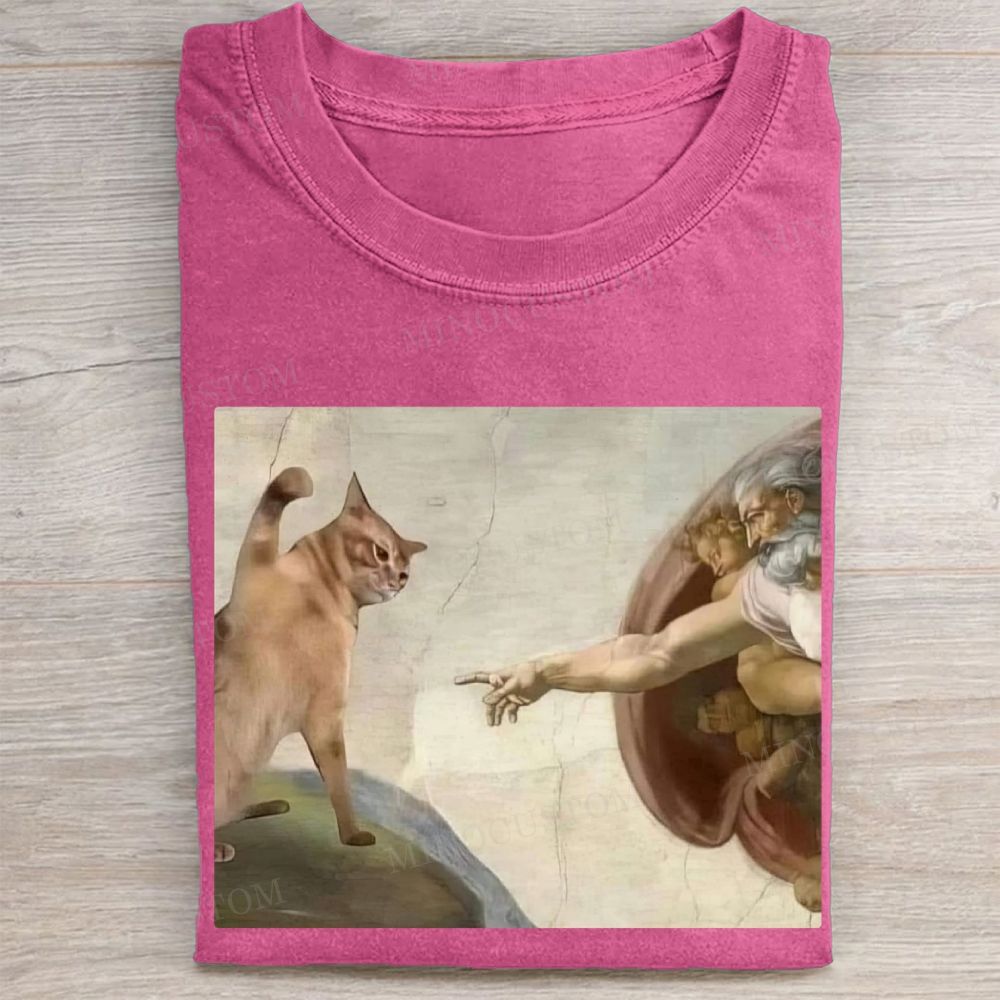 Funny cat print washed T-shirt