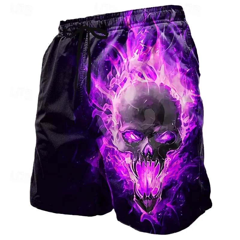 Men's Retro Halloween Flame Skull Pattern Casual Shorts