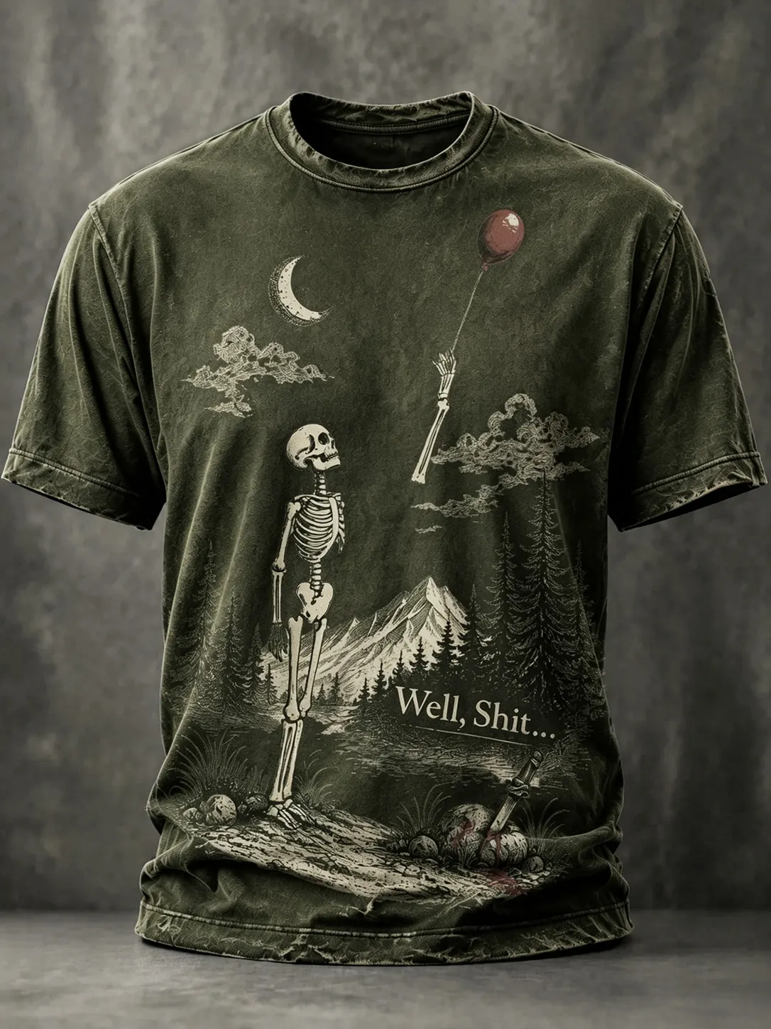 Men's Vintage Funny Skeleton Red Balloon Graphic Print Casual T-shirt