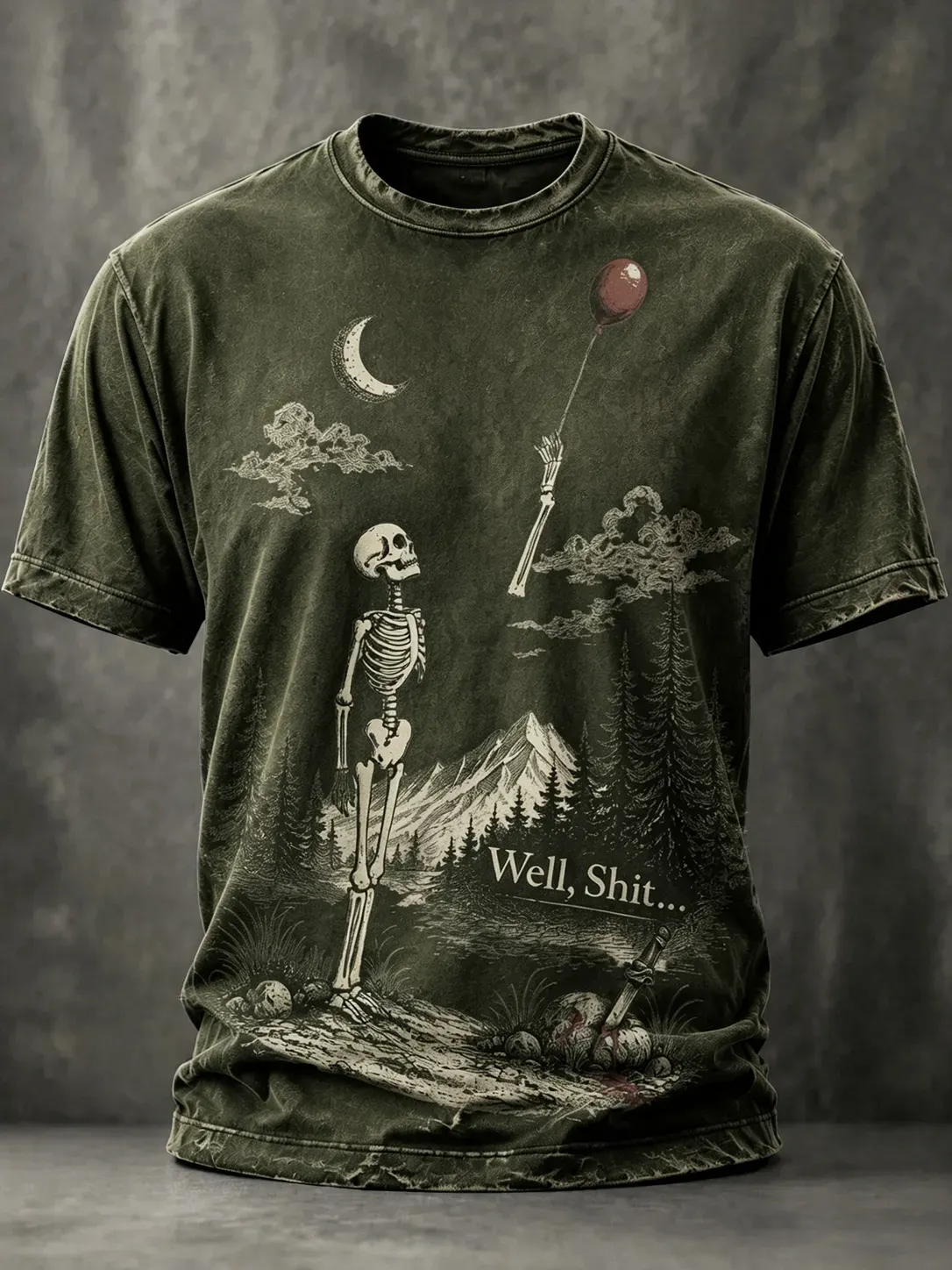 Men's Vintage Funny Skeleton Red Balloon Graphic Print Casual T-shirt