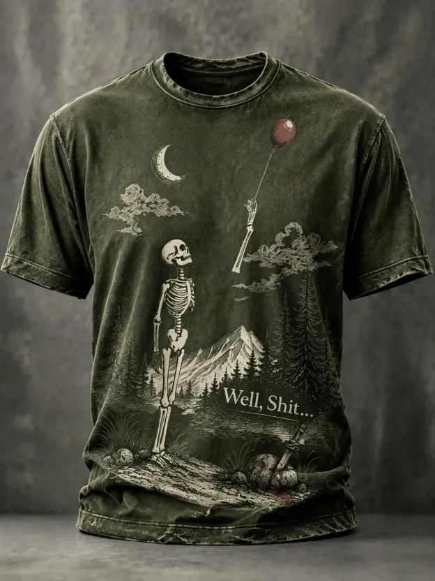 Men's Vintage Funny Skeleton Red Balloon Graphic Print Casual T-shirt