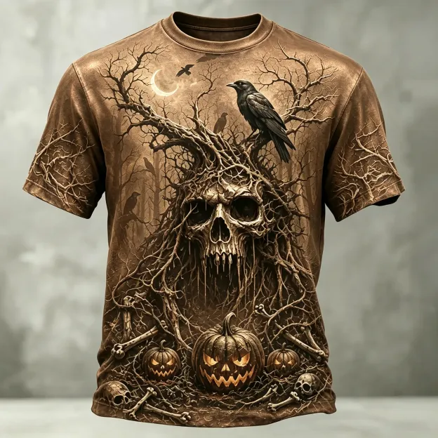 Men's Retro Halloween Skull And Pumpkin Print Casual T-shirt