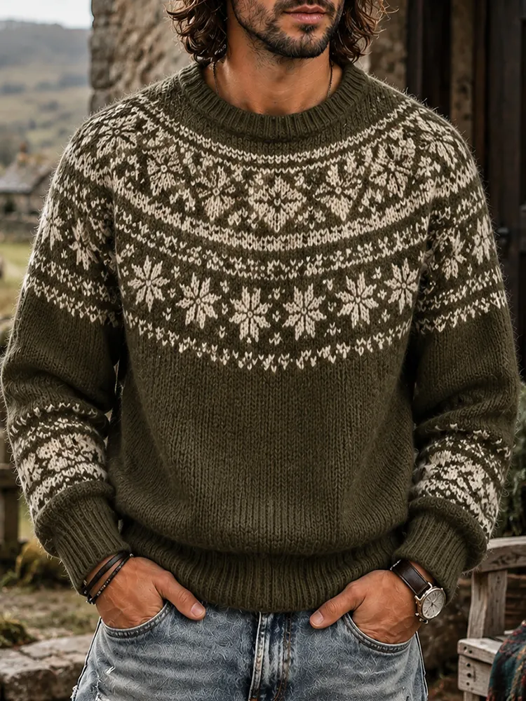 Men's Nordic Snowflake Pattern Knitted Crewneck Sweater