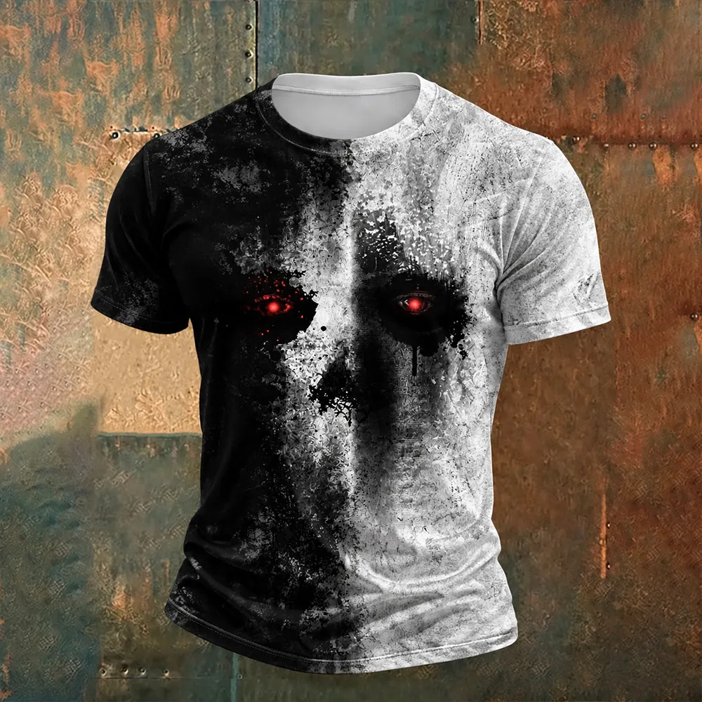 Men's Halloween Skull Ghost Face Art Black And White Color Block Print Distressed Crewneck T-shirt